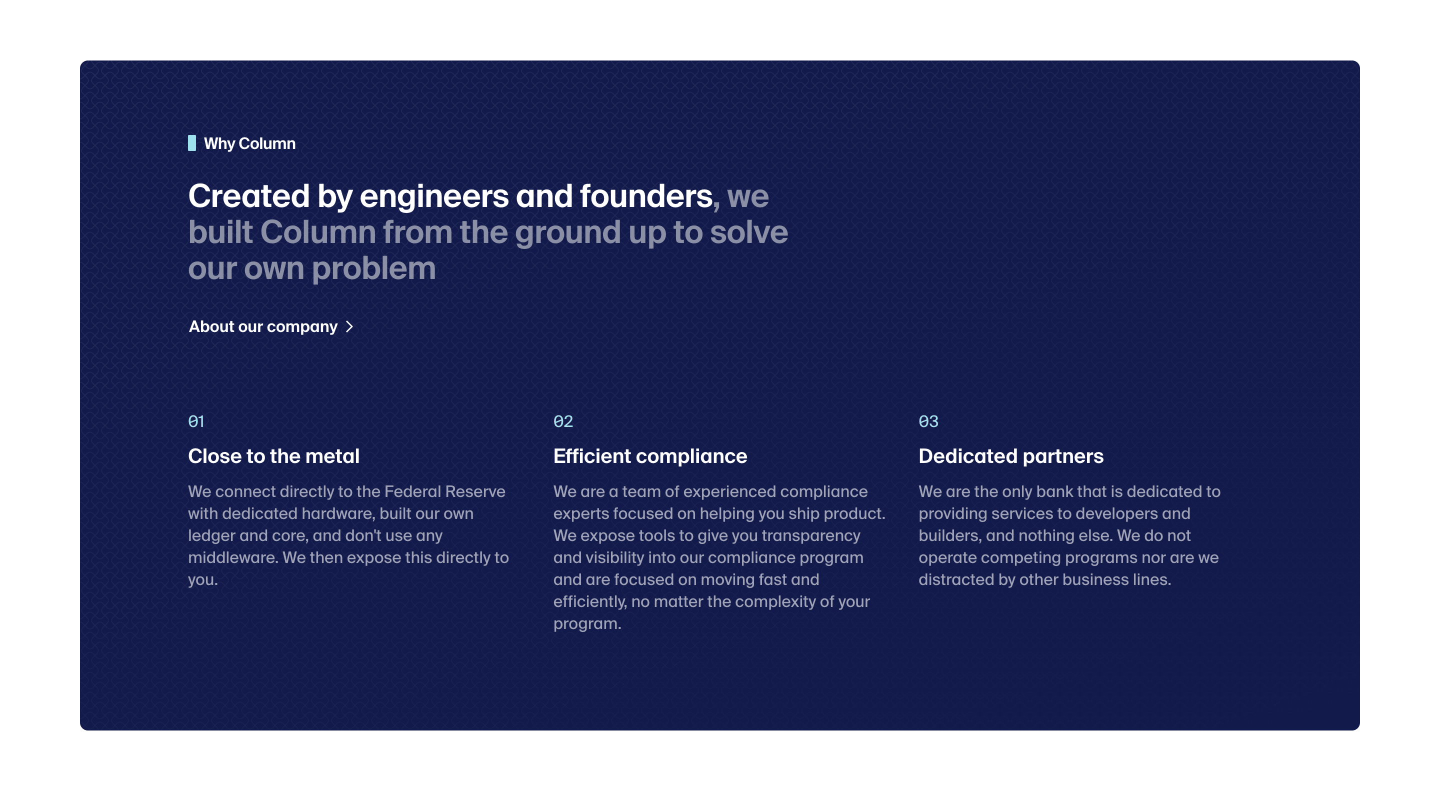 Screenshot of the 'Why Column' section of the Column website. The section explains how Column is different, with information arranged in three columns.